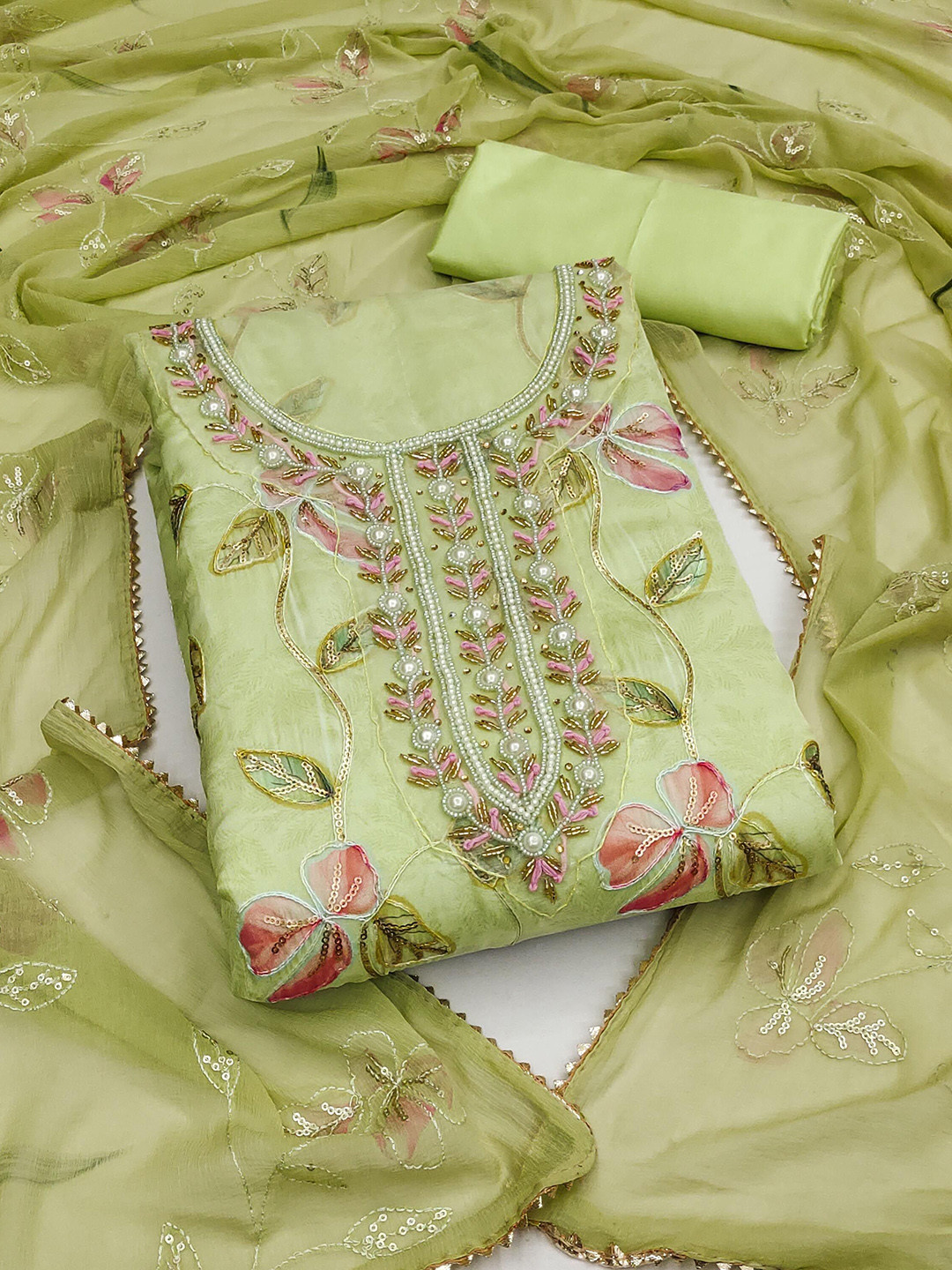 

SHADOW & SAINING Embroidered Organza Semi-Stitched Dress Material, Green