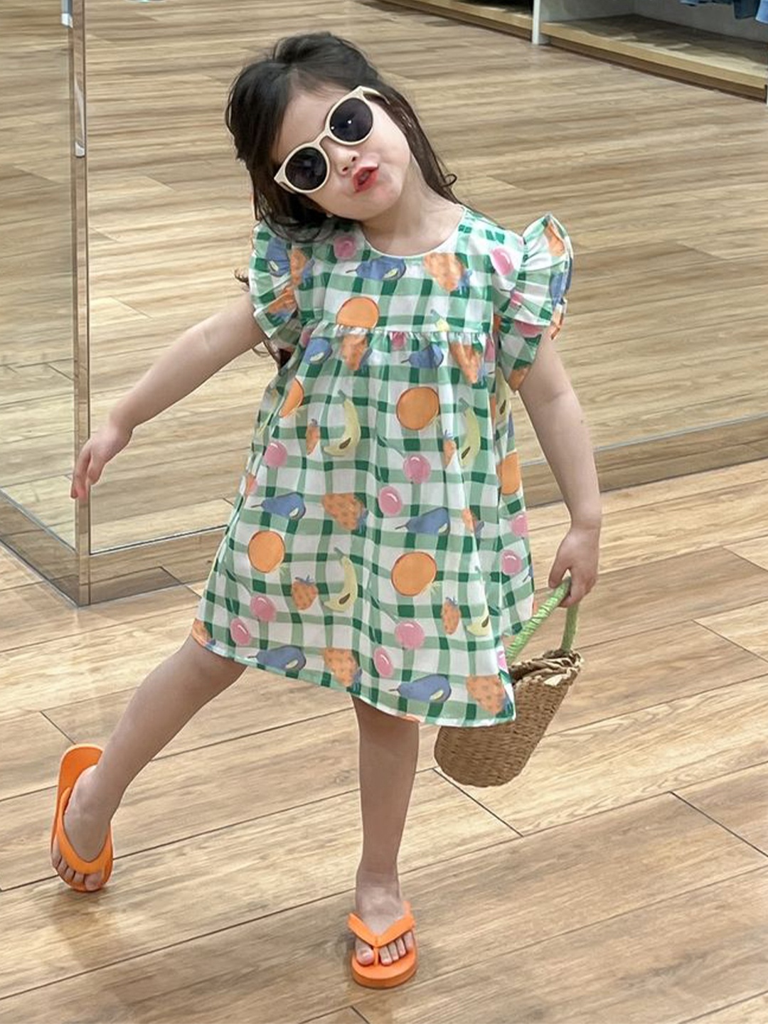 

LULU & SKY Checked Flutter Sleeve A-Line Dress, Green