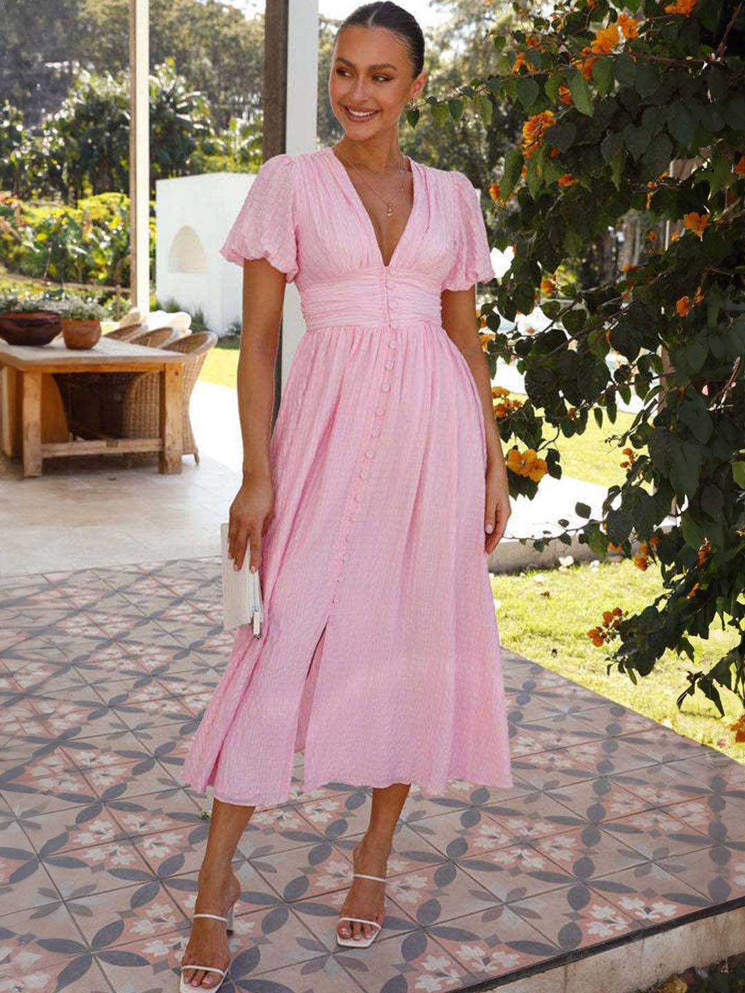 

all about you Puff Sleeve A-Line Maxi Dress, Pink