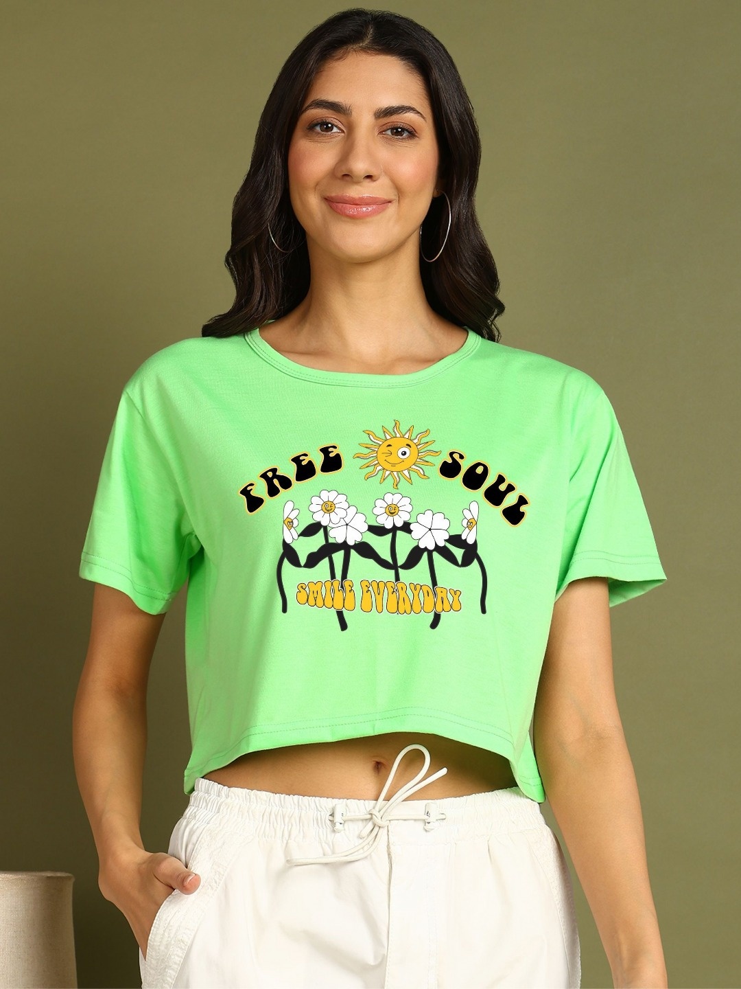 

Moda Rapido Women Printed Drop-Shoulder Sleeves Bio Finish T-shirt, Green