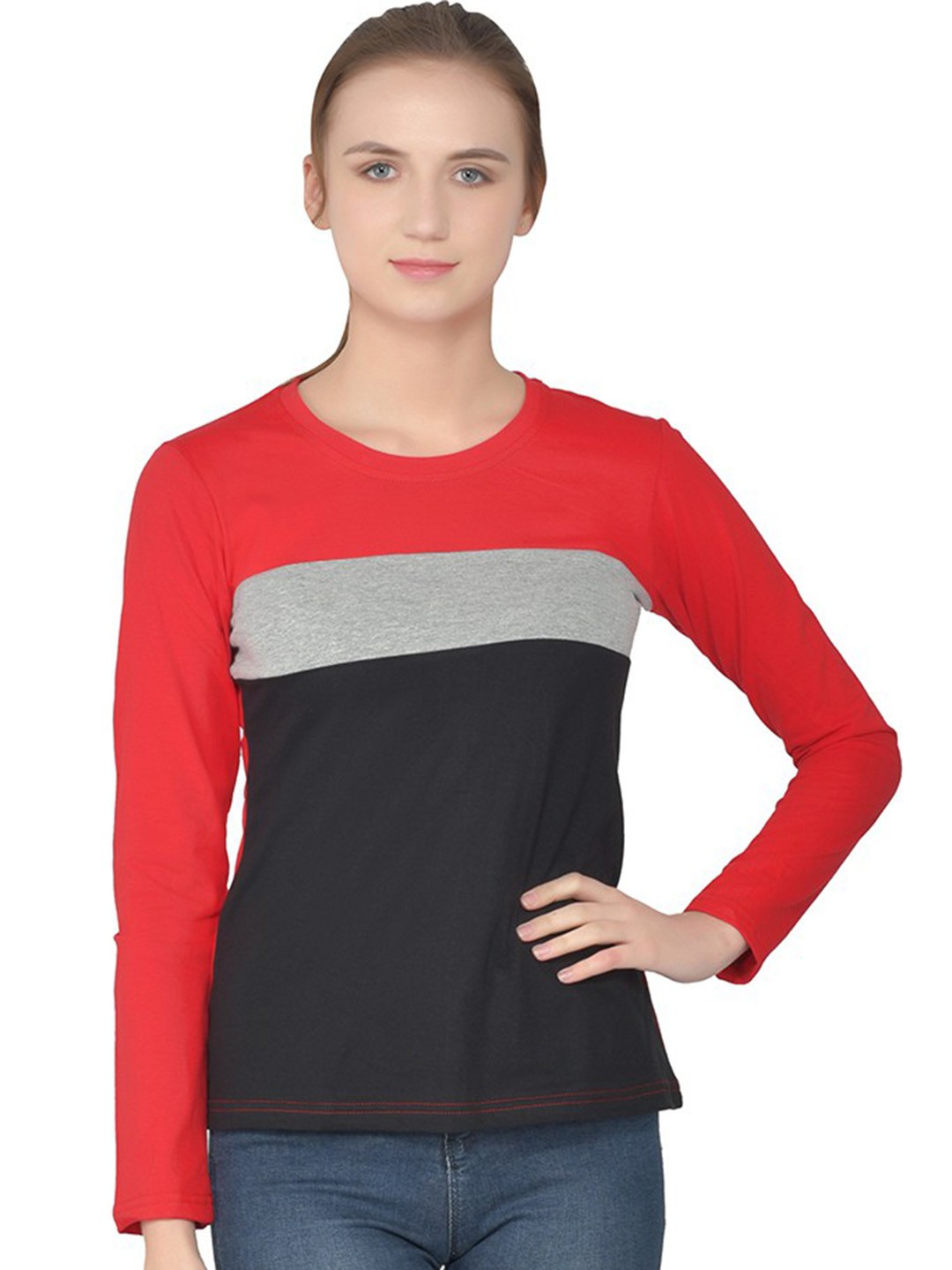 

BEYOU FASHION Women Colourblocked Extended Sleeves Applique Slim Fit T-shirt, Red