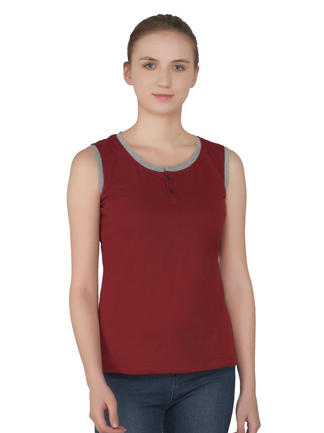 

BEYOU FASHION Women Henley Neck Raw Edge Slim Fit T-shirt, Maroon