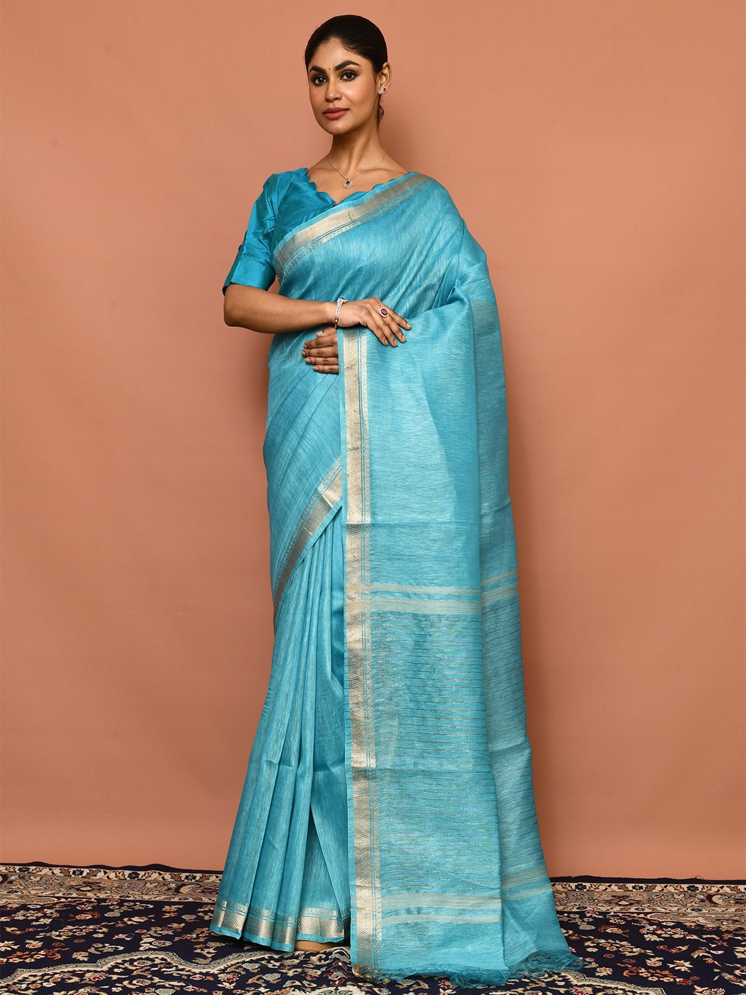 

THREAD SAGA Linen Blend Designer Tussar Saree, Blue