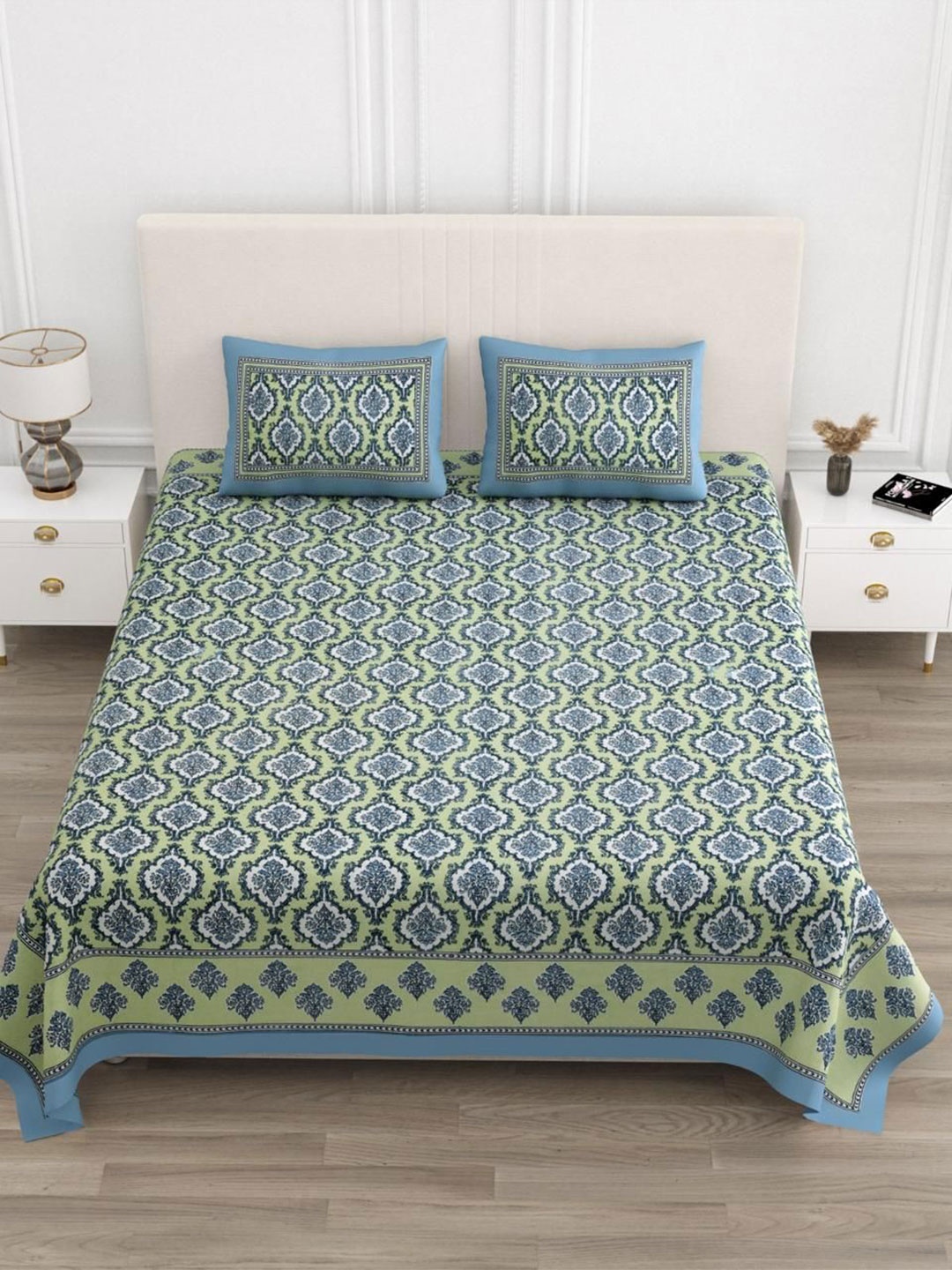 

Gulaab Jaipur Blue & Green Ethnic Motifs 400 TC King Bedsheet with 2 Pillow Covers