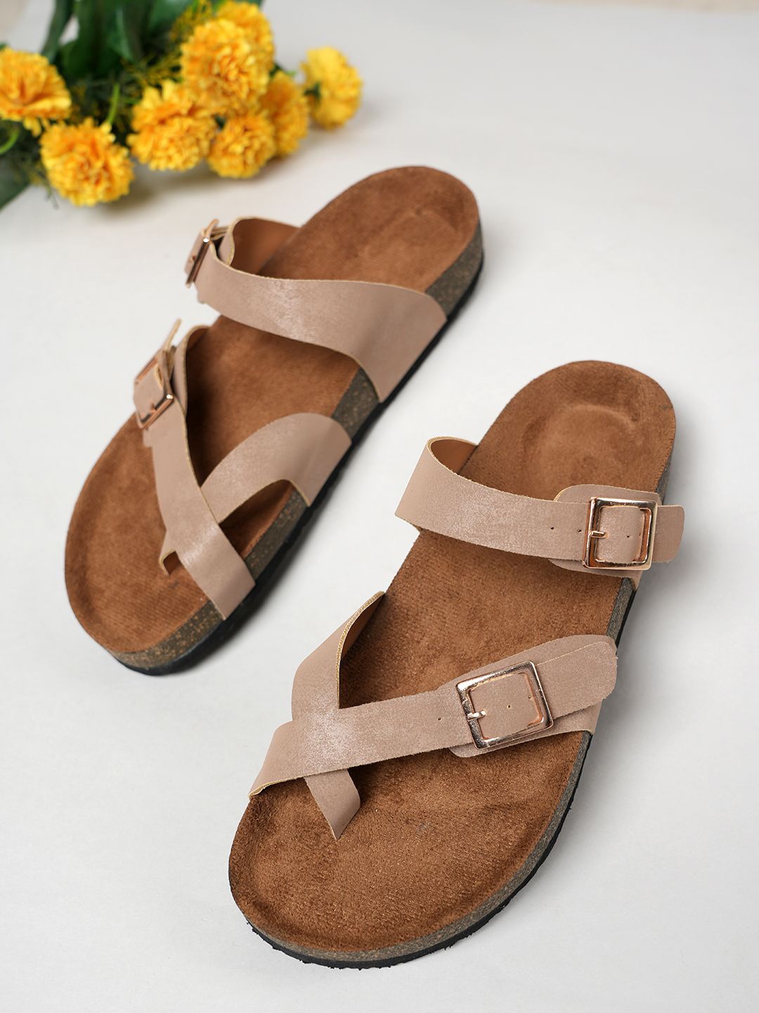 

MOZAFIA Women Core with Buckles Flats, Brown