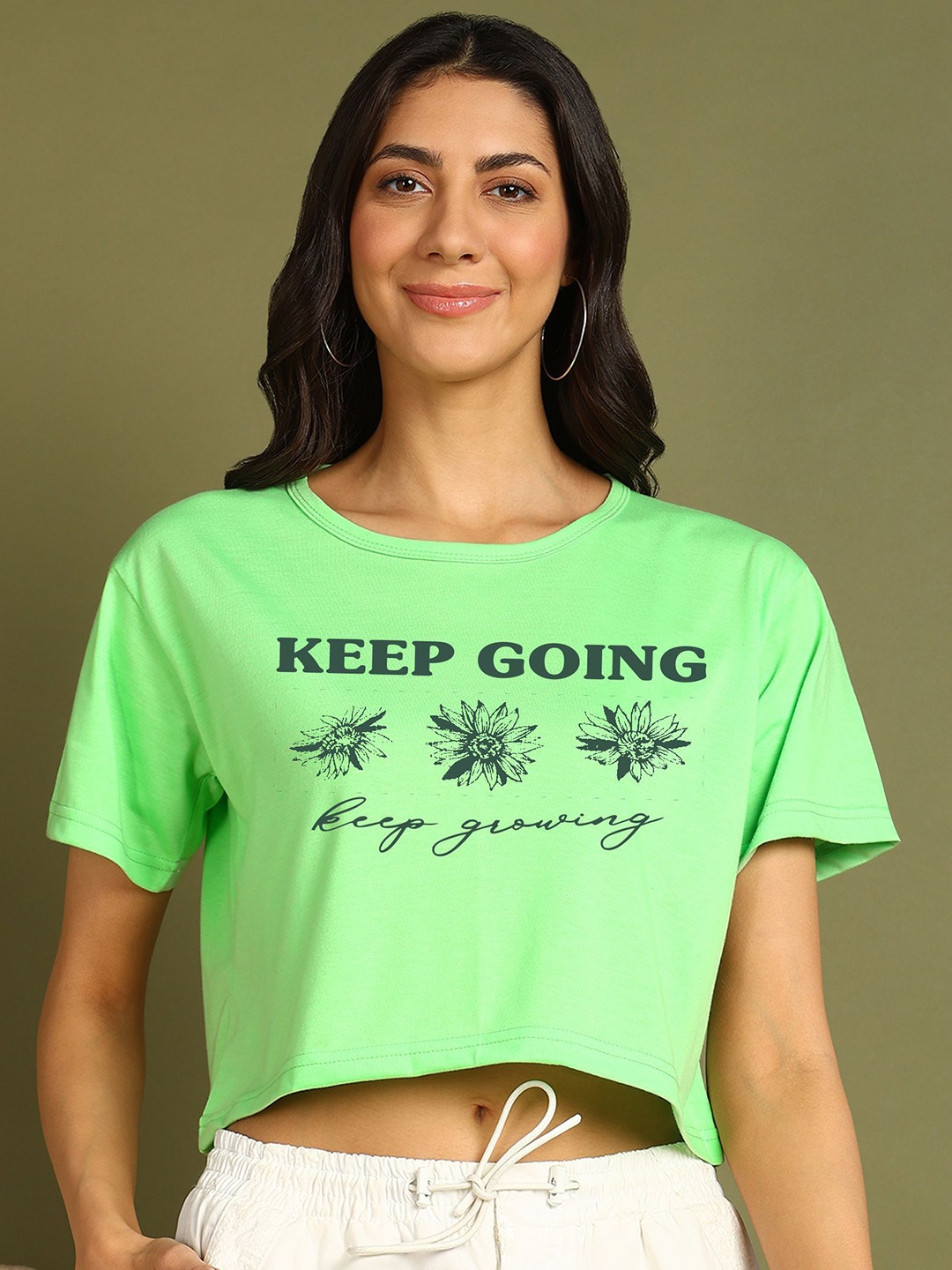 

Moda Rapido Women Printed Drop-Shoulder Sleeves Bio Finish Raw Edge T-shirt, Green