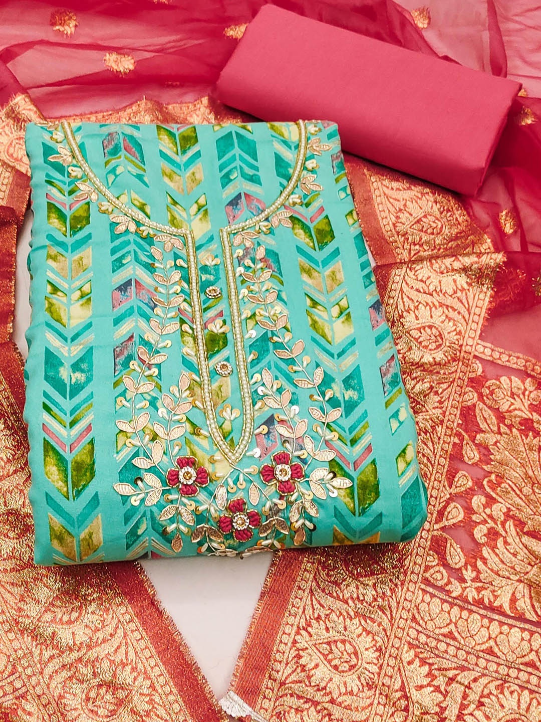 

SHADOW & SAINING Embellished Semi-Stitched Dress Material, Sea green