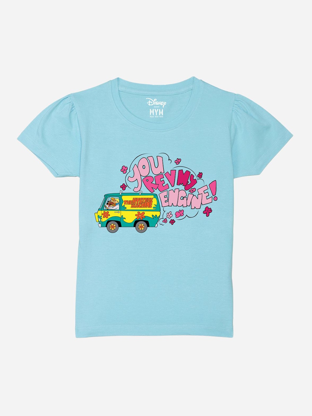 

Wear Your Mind Girls Printed Puff Sleeves Pure Cotton Applique T-shirt, Blue