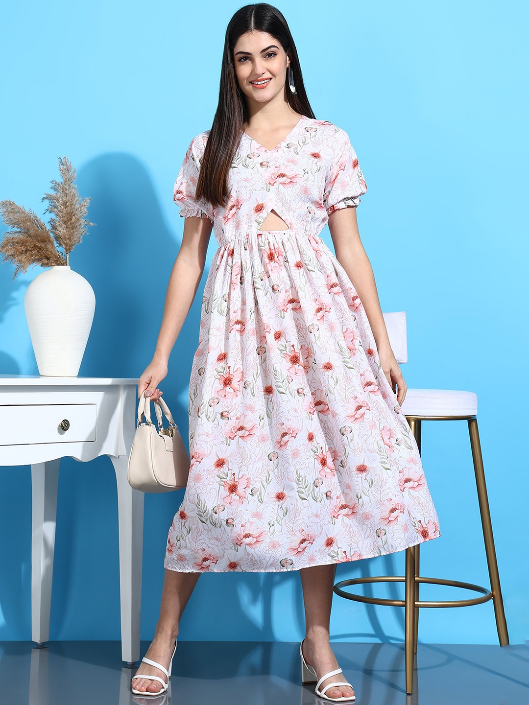 

EVANORA Floral Print Puff Sleeve Fit & Flare Midi Dress, White