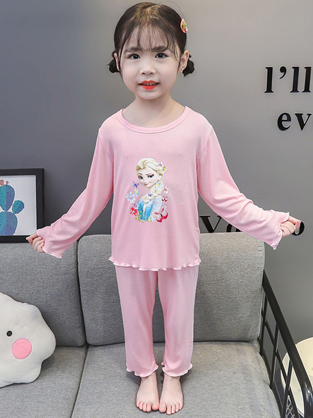 

YK Girls Printed T-shirt with Trousers, Pink