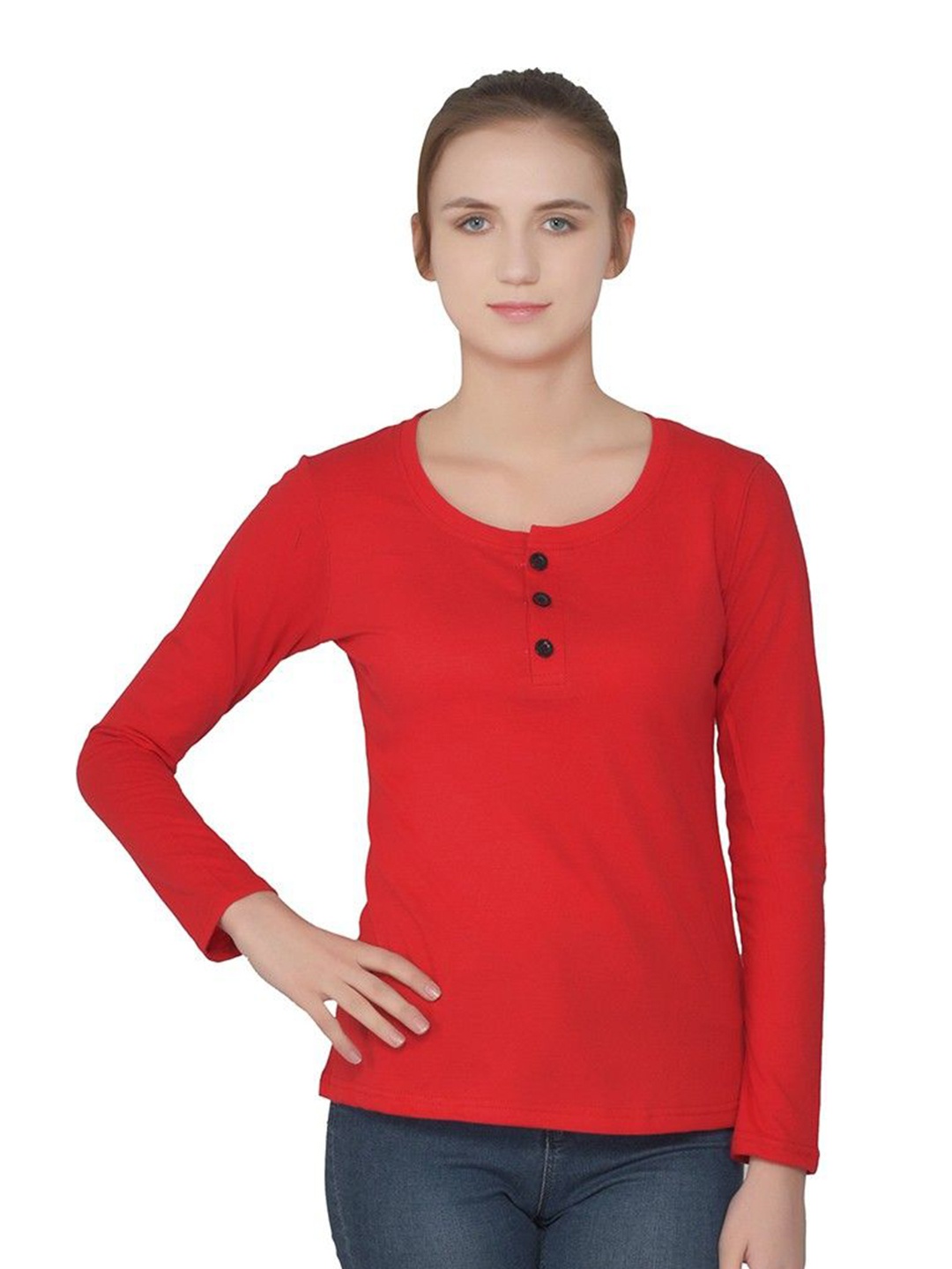 

BEYOU FASHION Women Henley Neck Pockets Slim Fit T-shirt, Red