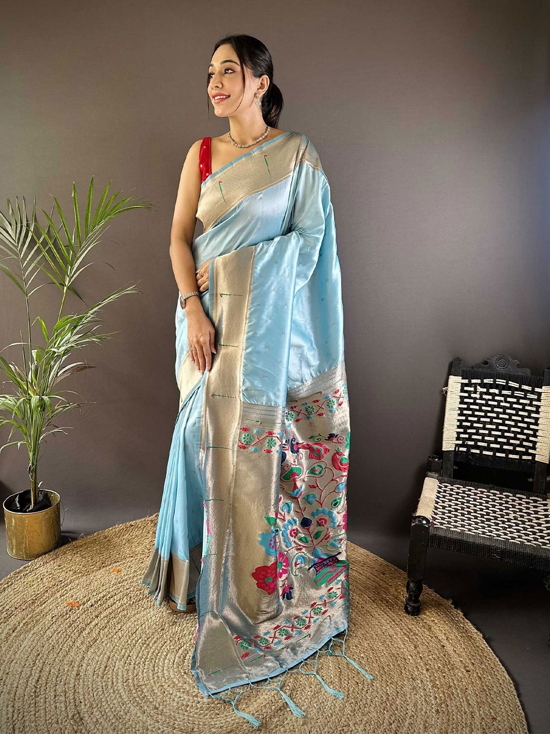 

LeeliPeeri Designer Woven Design Zari Silk Blend Paithani Saree, Blue