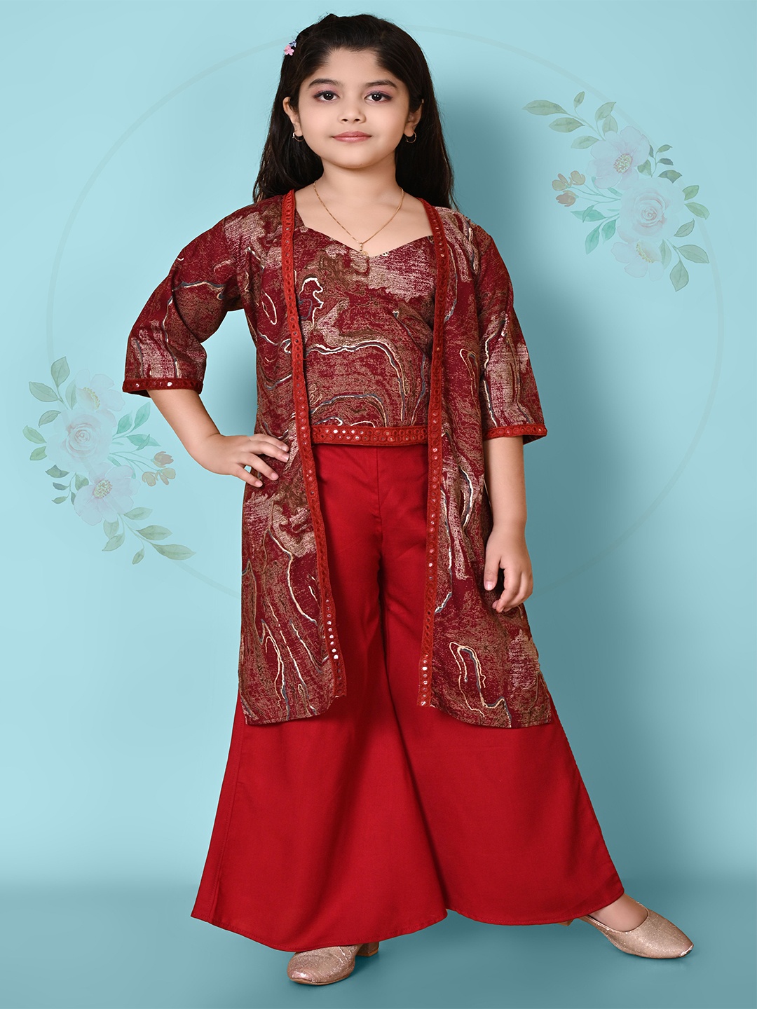 

SK DRESSES Girls Printed Top with Palazzos, Red