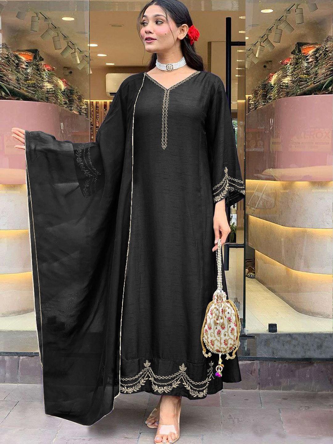 

KALINI Women Regular Kurta with Trousers & With Dupatta, Black
