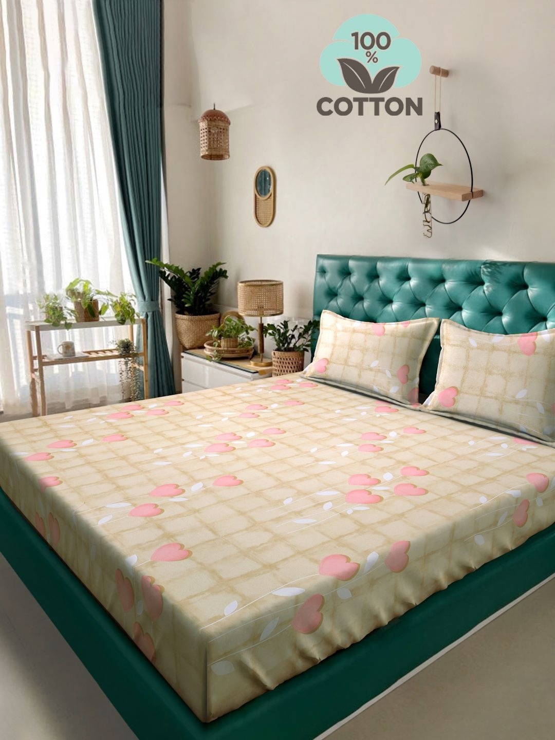 

Myntra Elegant Homes Pink & Cream-Coloured Floral 400 TC King Bedsheet with 2 Pillow Covers