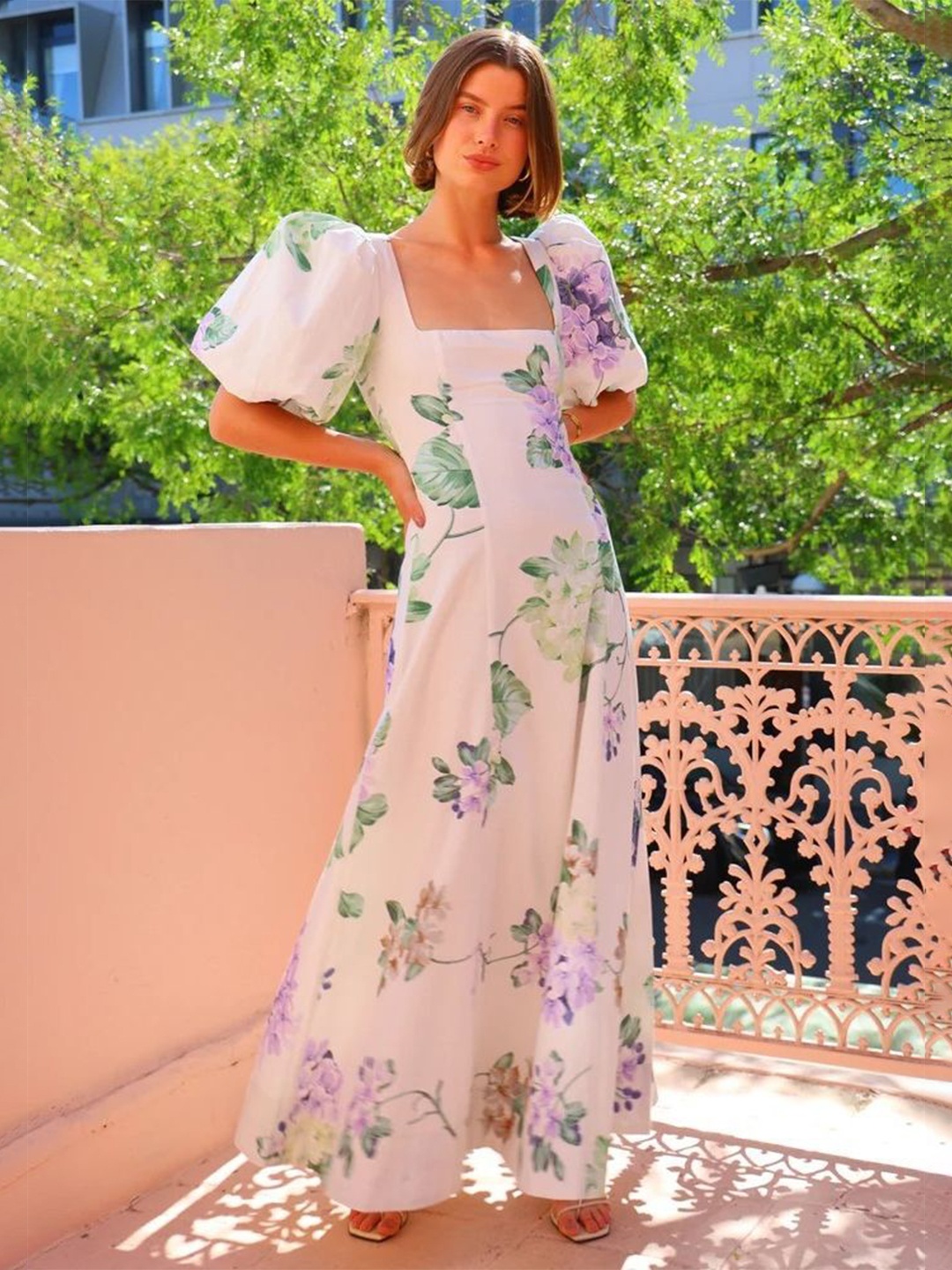 

LULU & SKY Floral Print Flutter Sleeve Linen Fit & Flare Maxi Dress, White