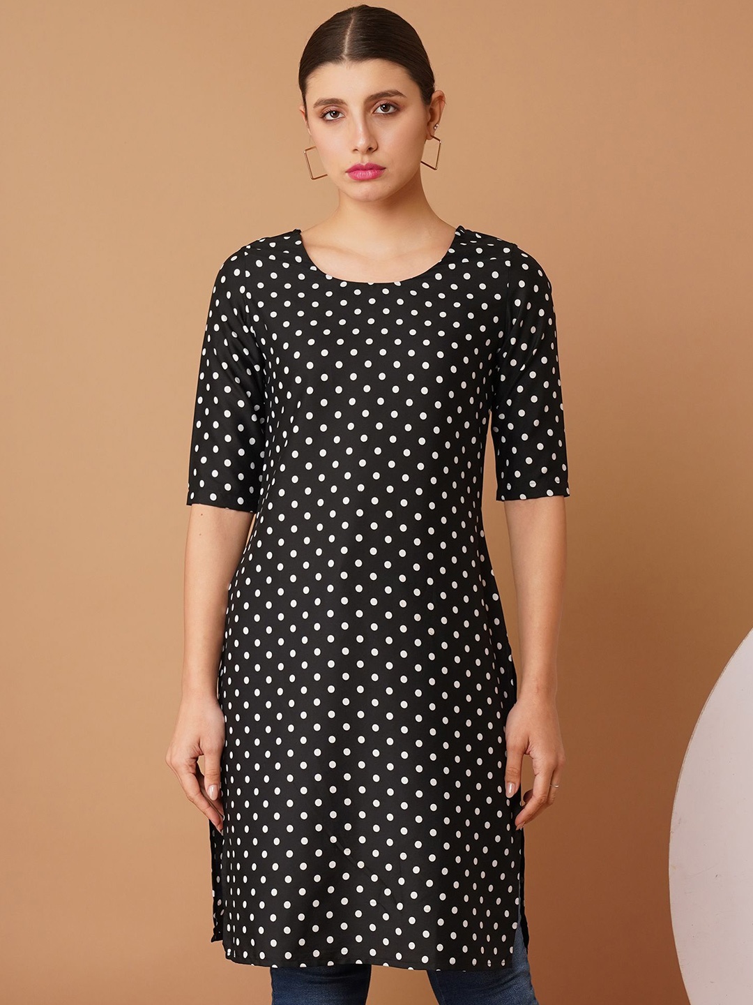 

Moda Rapido Polka Dot Printed Kurti, Black