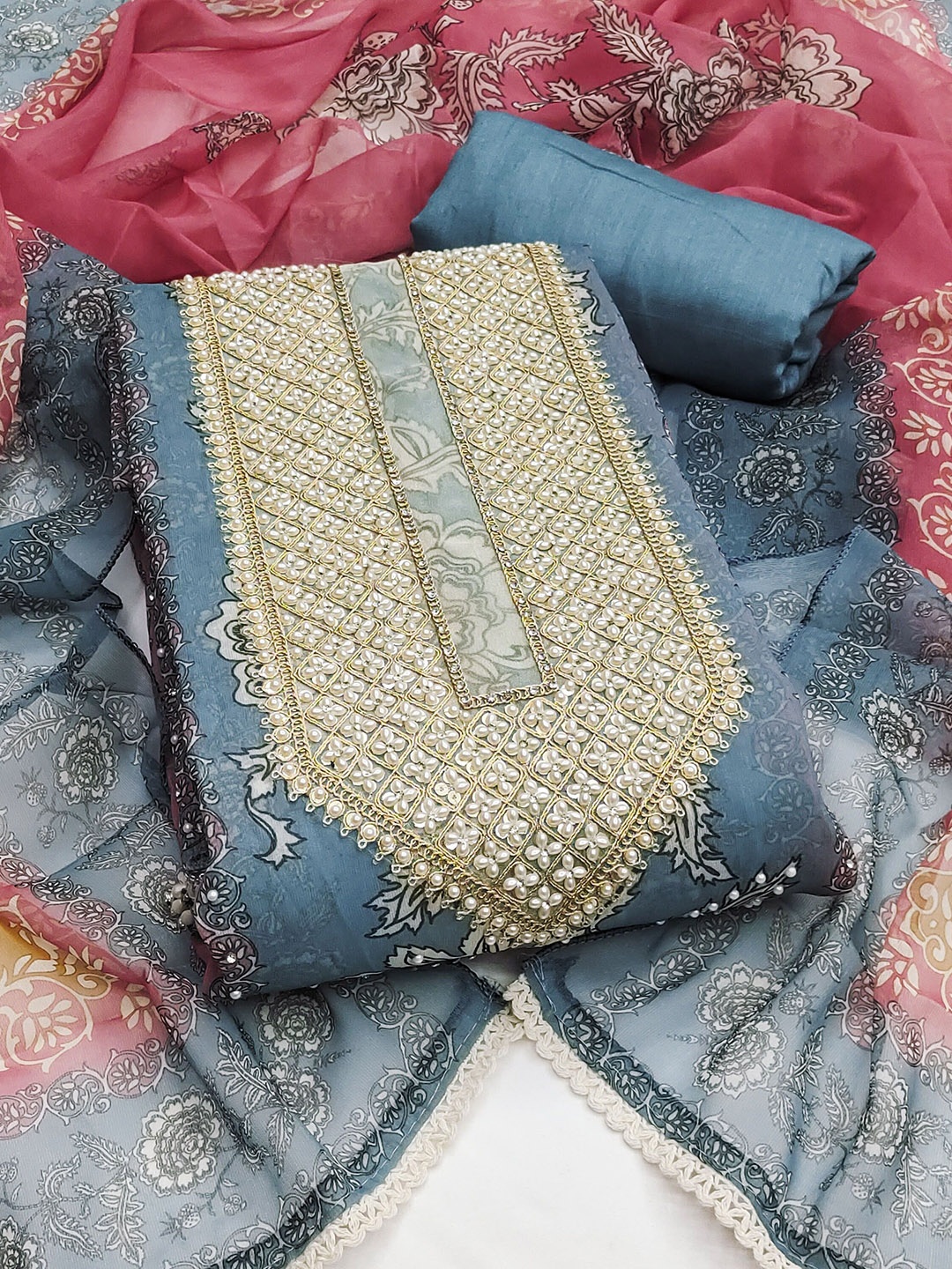 

SHADOW & SAINING Embellished Semi-Stitched Dress Material, Teal