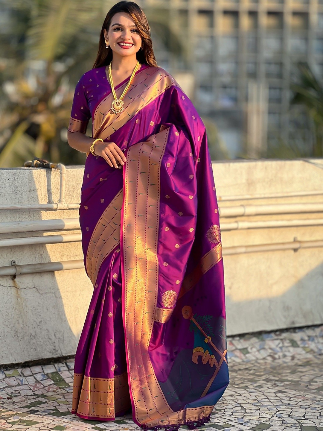 

MySilkLove Woven Design Zari Silk Blend Paithani Saree, Purple