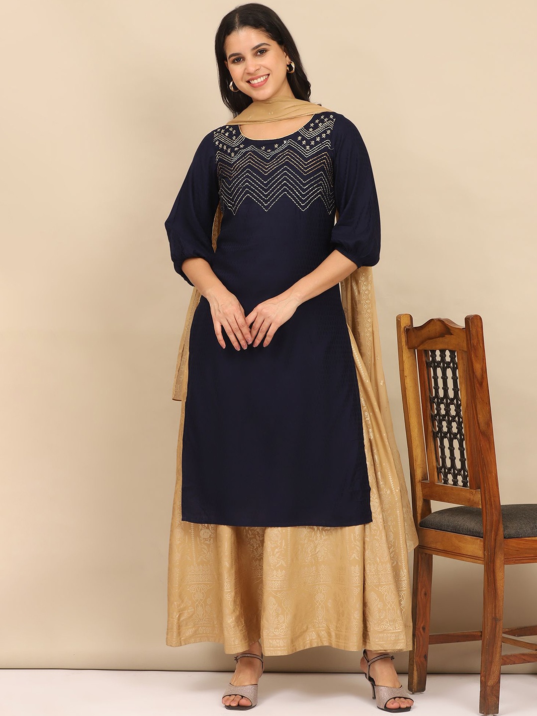 

AURELIA Women Yoke Design Regular Thread Work Kurta with Skirt & With Dupatta, Blue