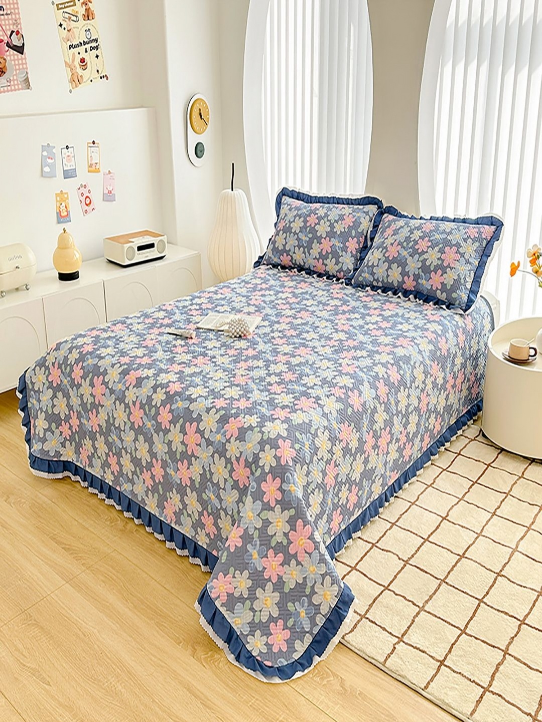 

JC HOME Blue & White Printed Cotton Double King Bed & Pillow Cover