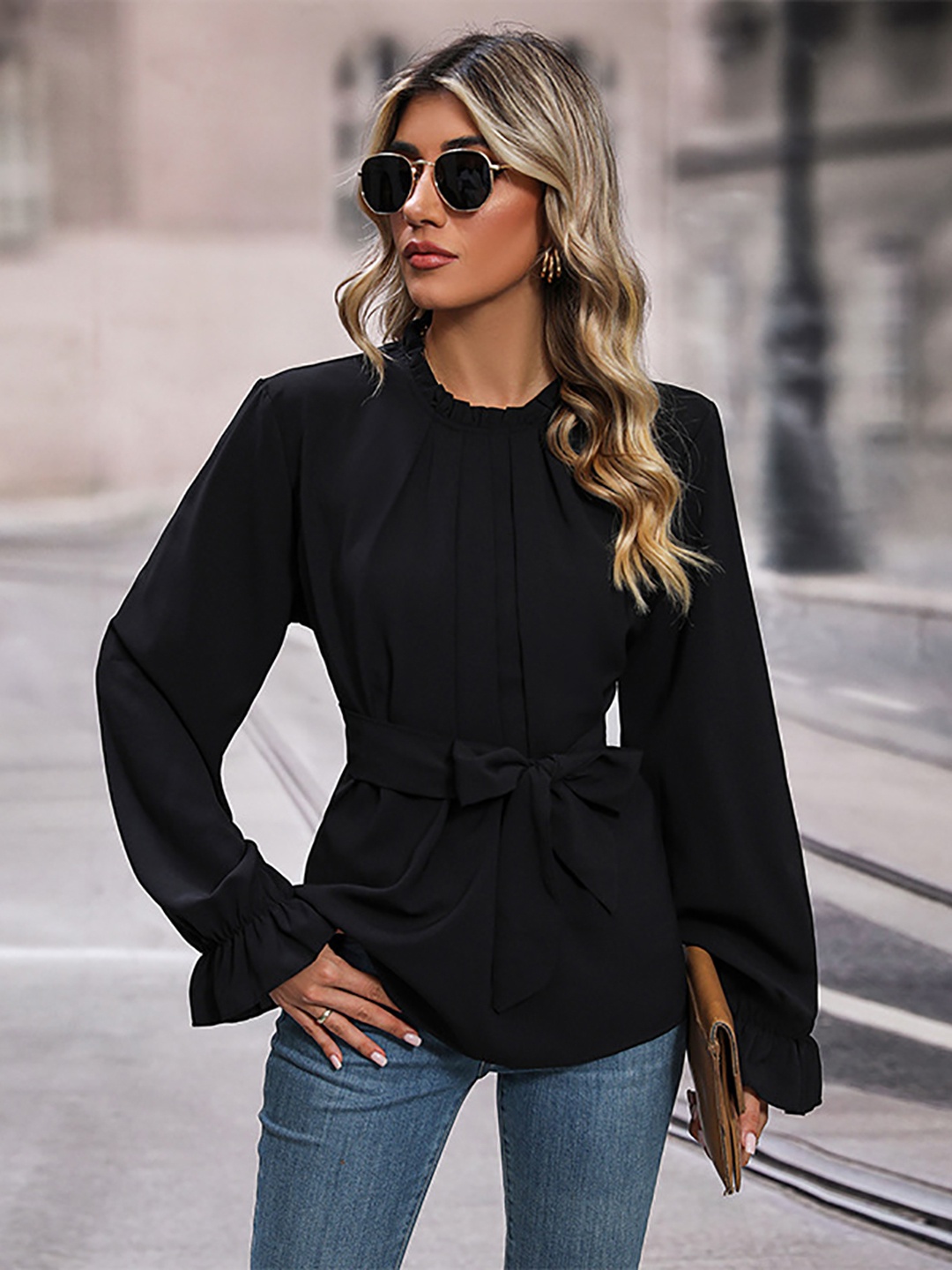 

StyleCast x Revolte Solid Round Neck Pleated Cuffed Sleeves A-Line Top with Tie Up Belt, Black
