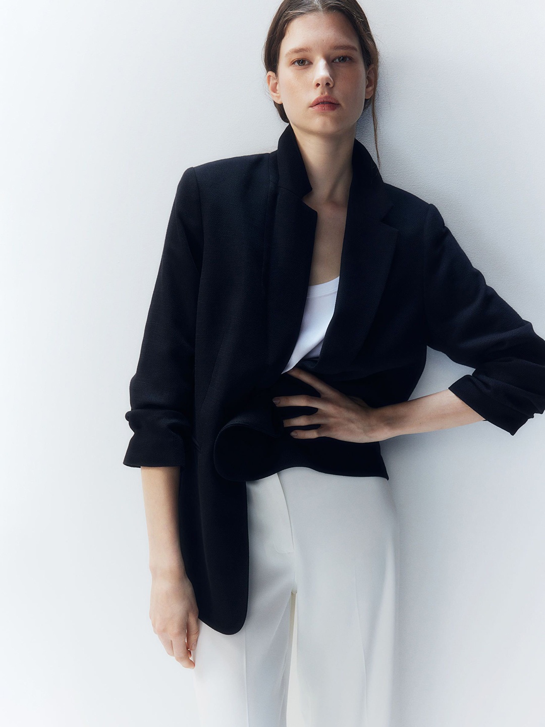 

H&M Gathered-Sleeve Blazer, Black