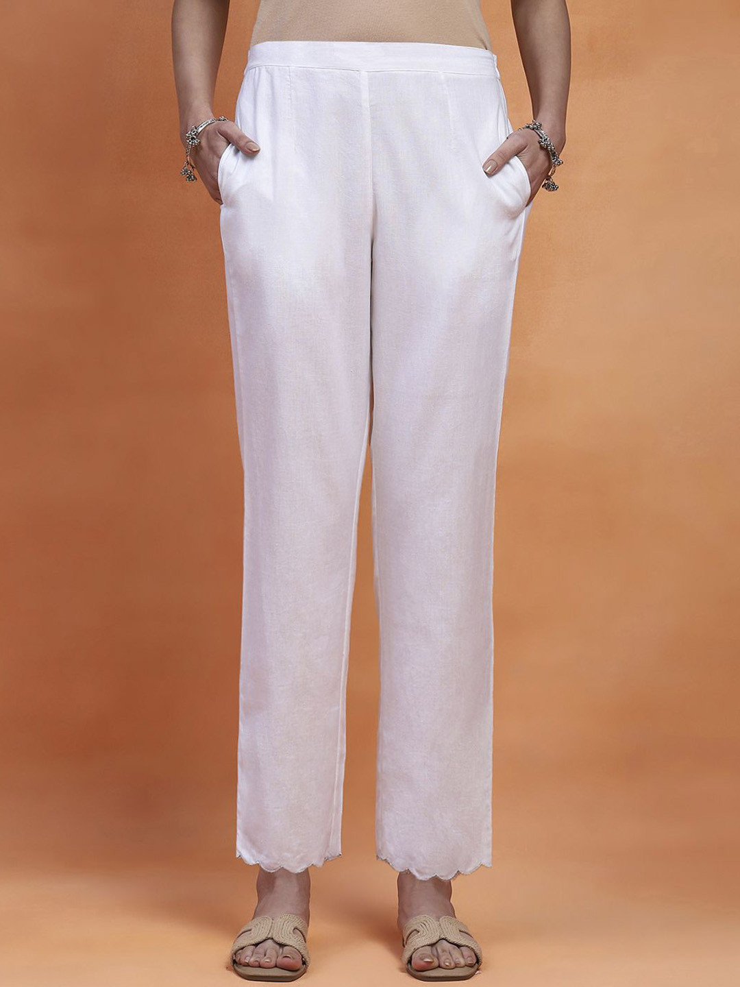 

House of Chikankari Women Relaxed Straight Fit Trousers, White