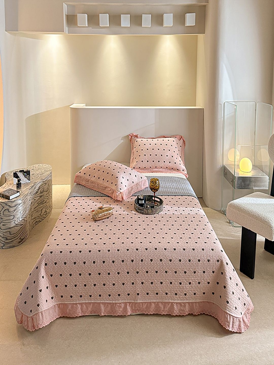 

JC HOME Pink & Black Printed Cotton Double Queen Bed & Pillow Cover