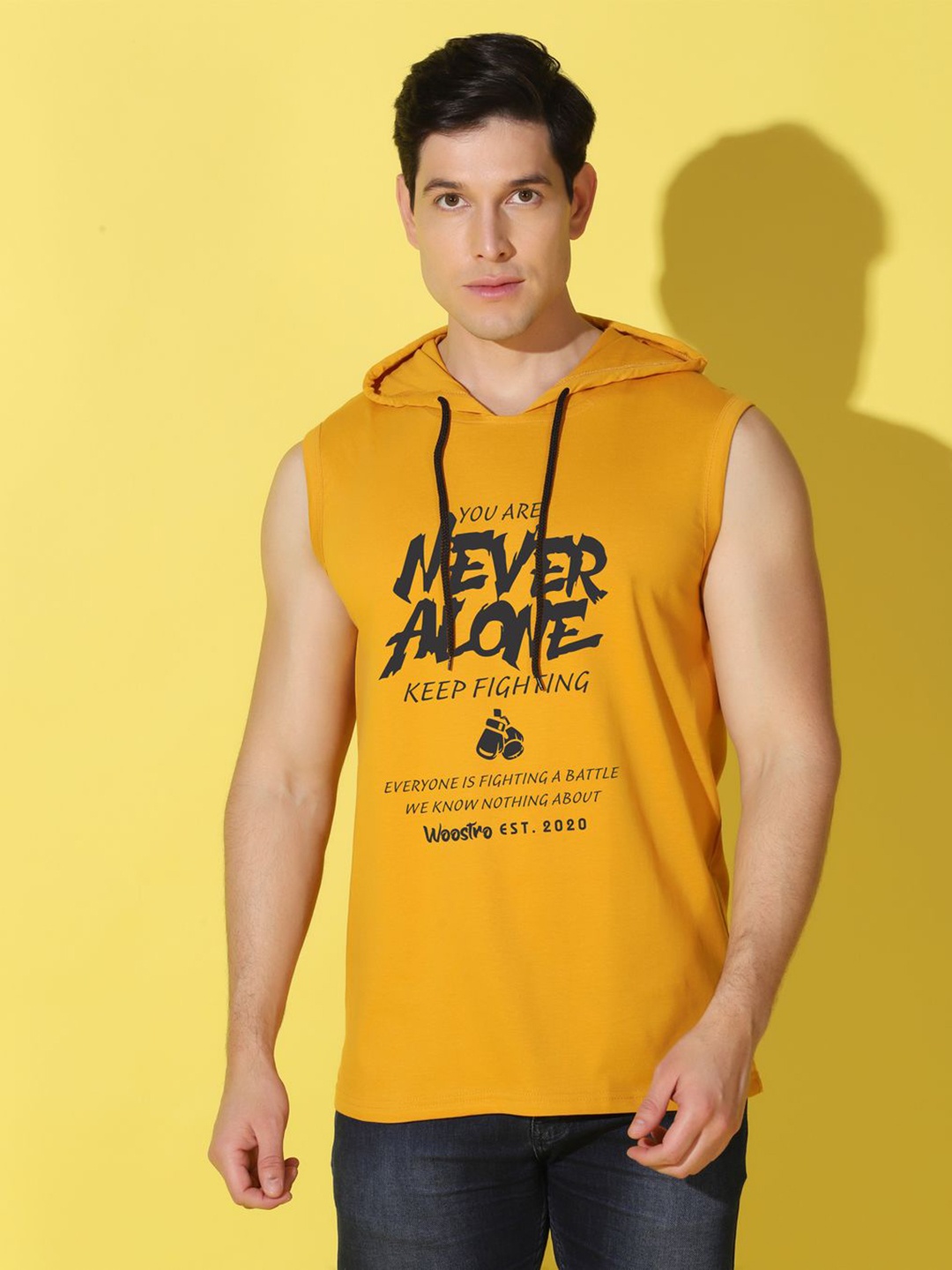 

WOOSTRO Men Typography Printed Hooded Slim Fit T-shirt, Mustard