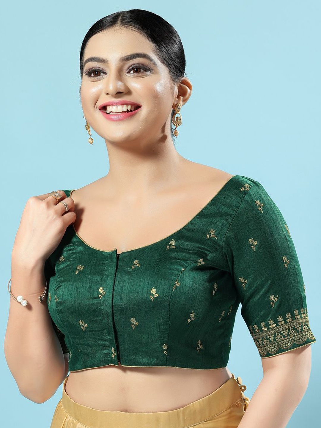 

VAMAS - THE DESIGNER BLOUSES Embroidered Non Padded Round Neck Saree Blouse, Green