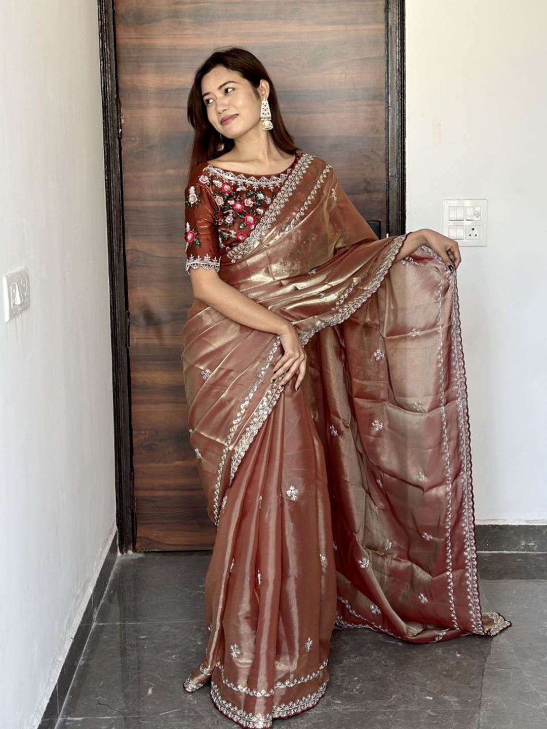 

LeeliPeeri Designer Embellished Embroidered Silk Blend Saree, Brown