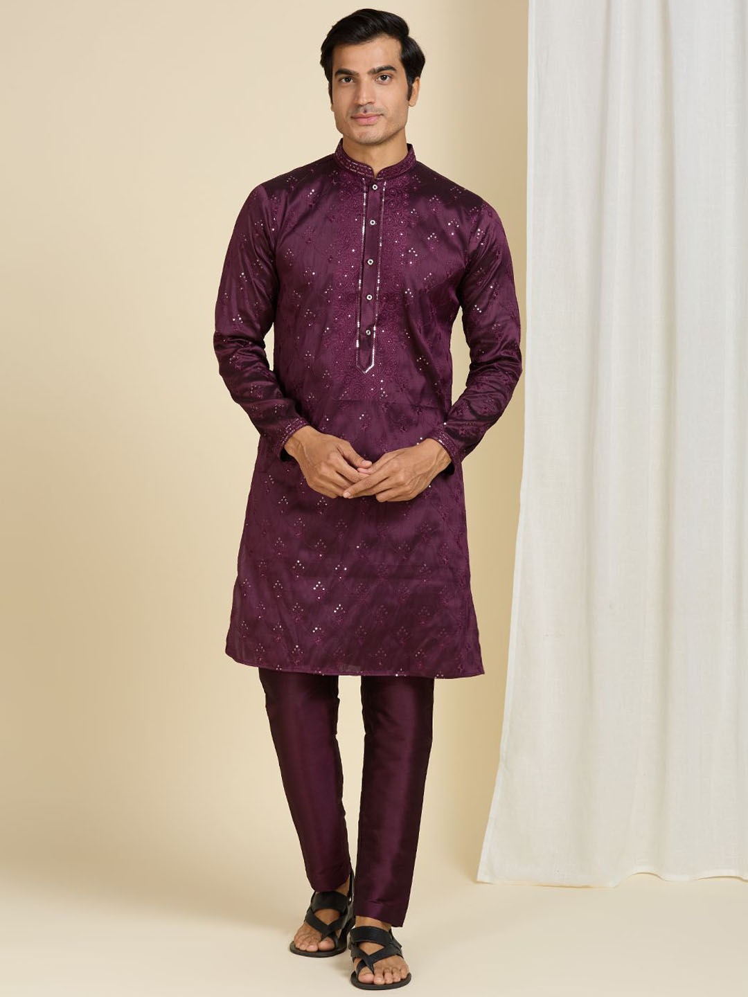 

Be Desi Men Ethnic Motifs Embroidered Regular Sequinned Kurta with Pyjamas, Magenta
