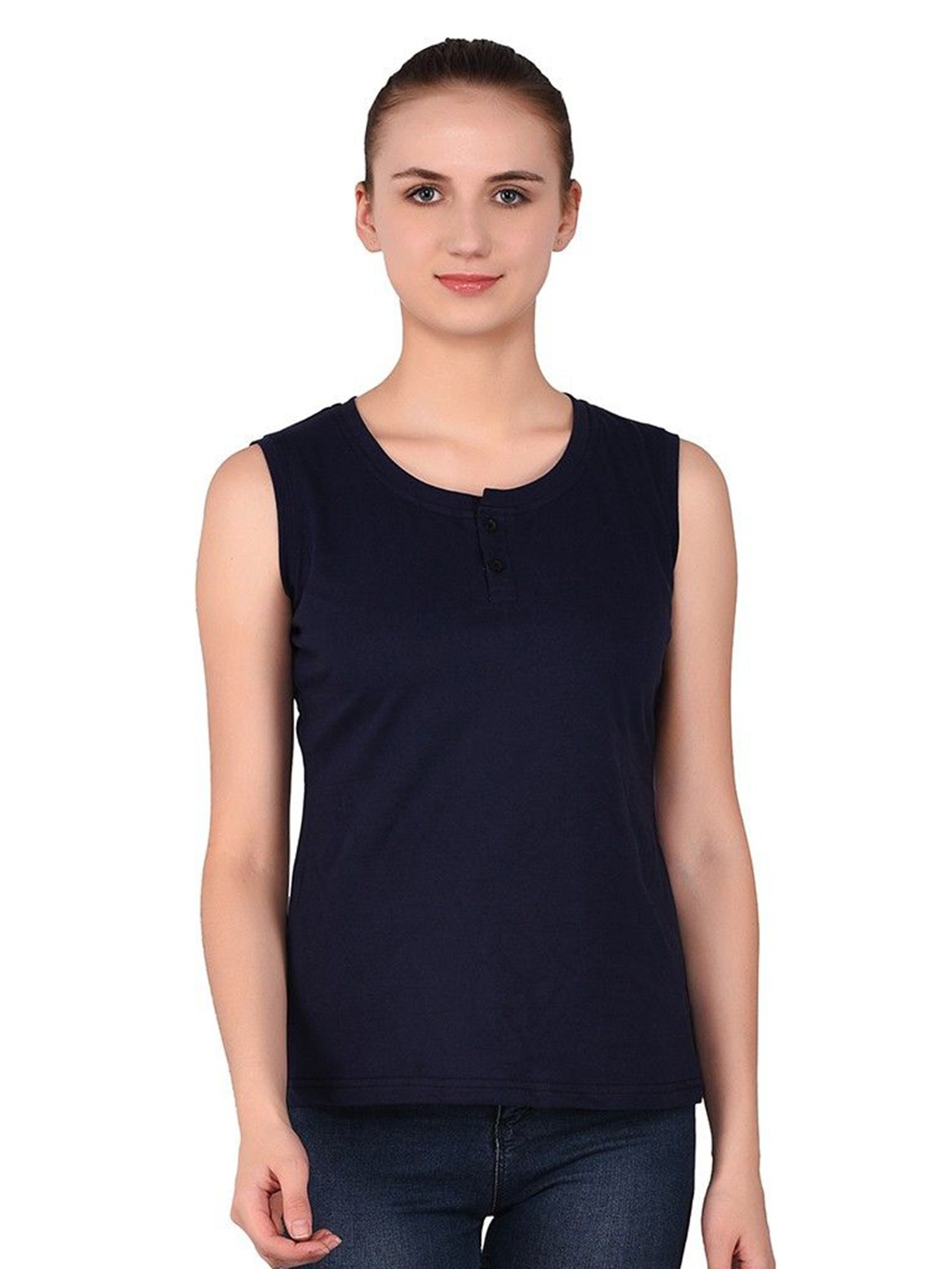 

BEYOU FASHION Women Henley Neck Raw Edge Slim Fit T-shirt, Navy blue