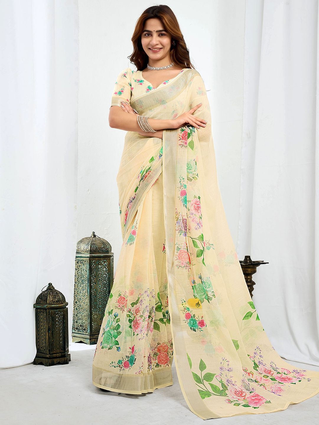 

all about you Floral Pure Linen Ready to Wear Saree, Cream