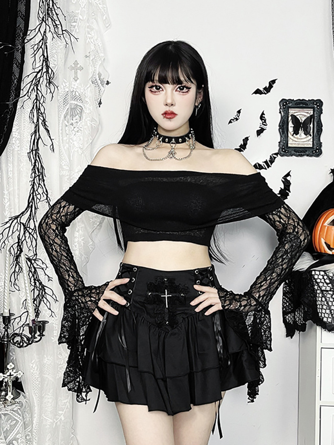 

StyleCast x Revolte Solid Off-Shoulder Lace Detail Fitted Top, Black