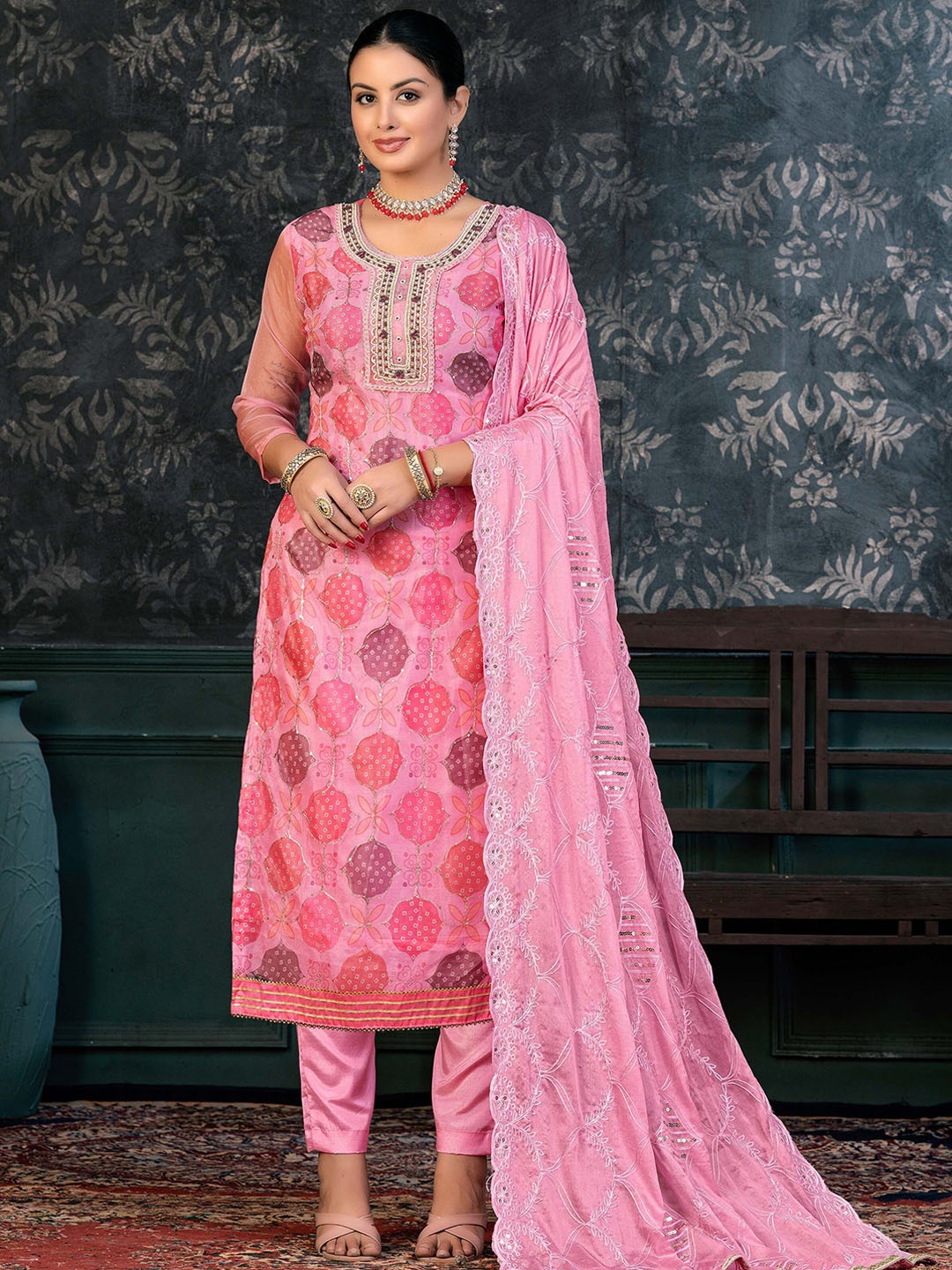 

SHADOW & SAINING Embellished Organza Semi-Stitched Dress Material, Pink