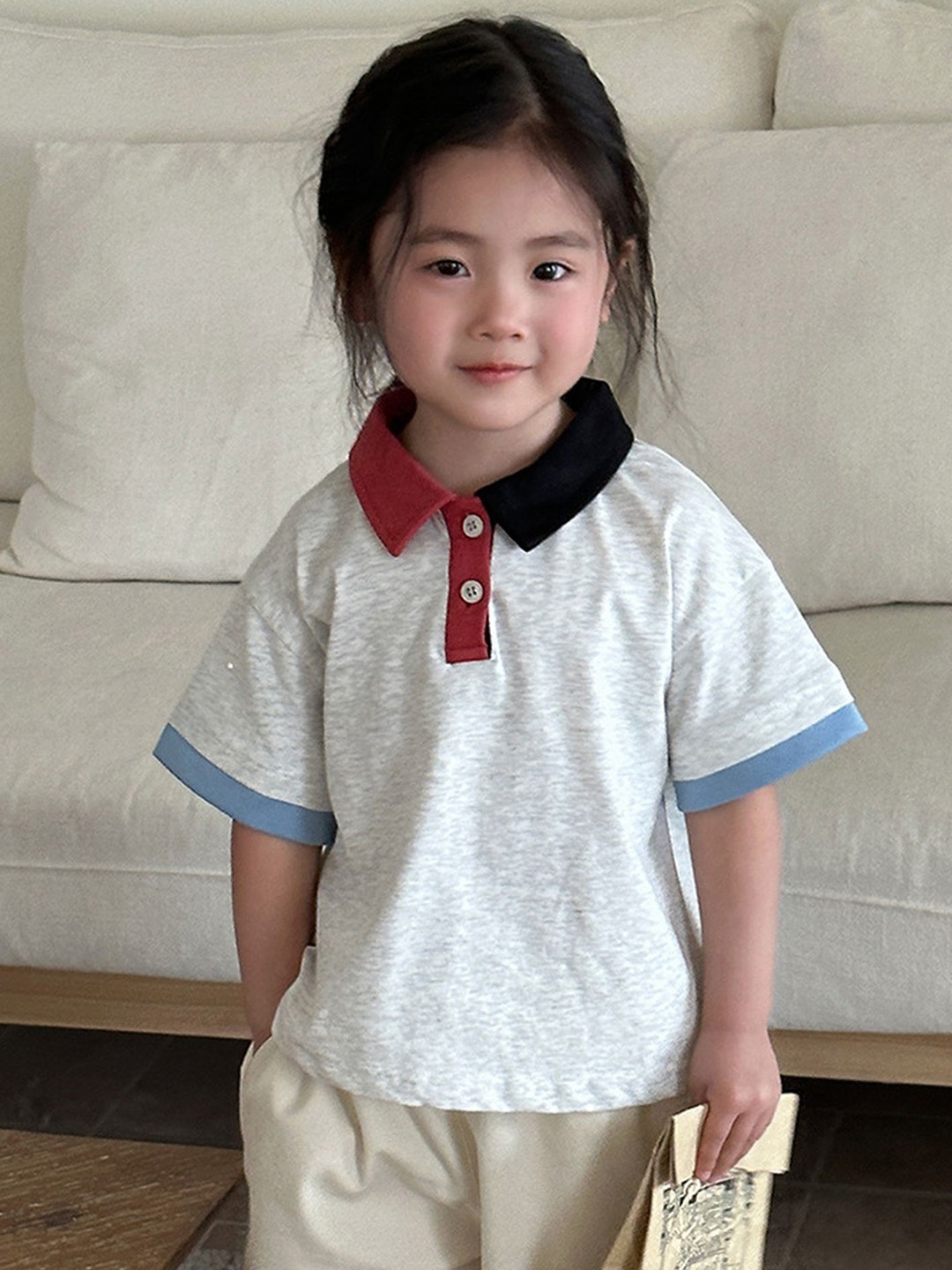 

LULU & SKY Girls Polo Collar Extended Sleeves T-shirt, Grey