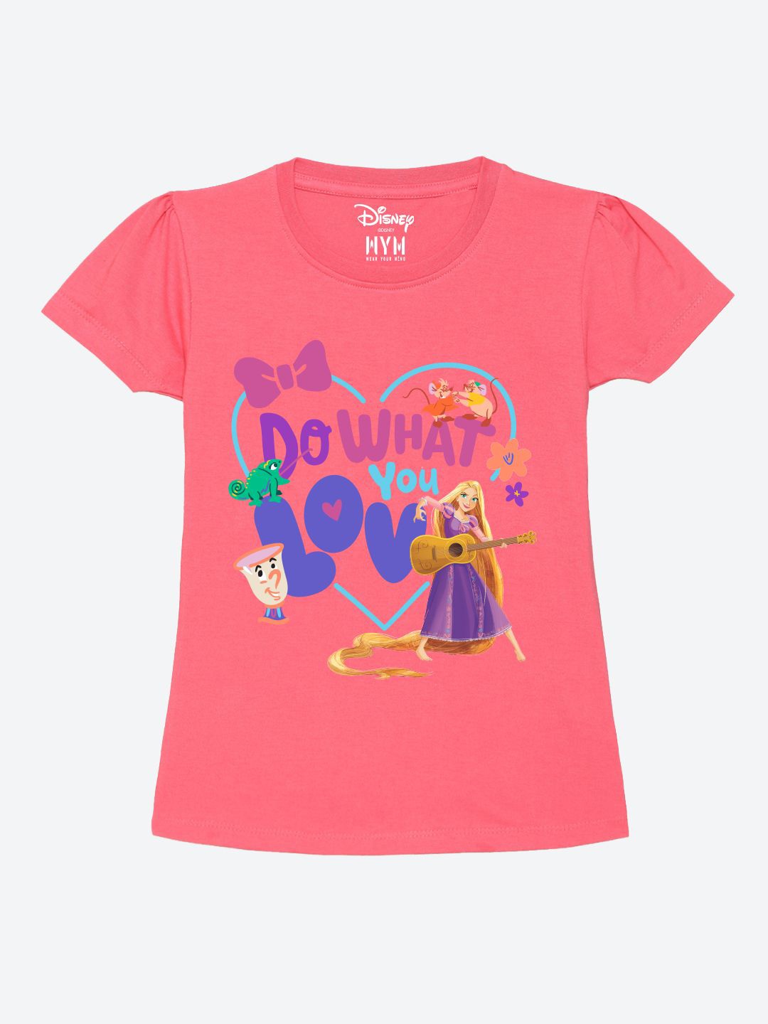 

Wear Your Mind Girls Printed Puff Sleeves Pure Cotton Applique T-shirt, Pink