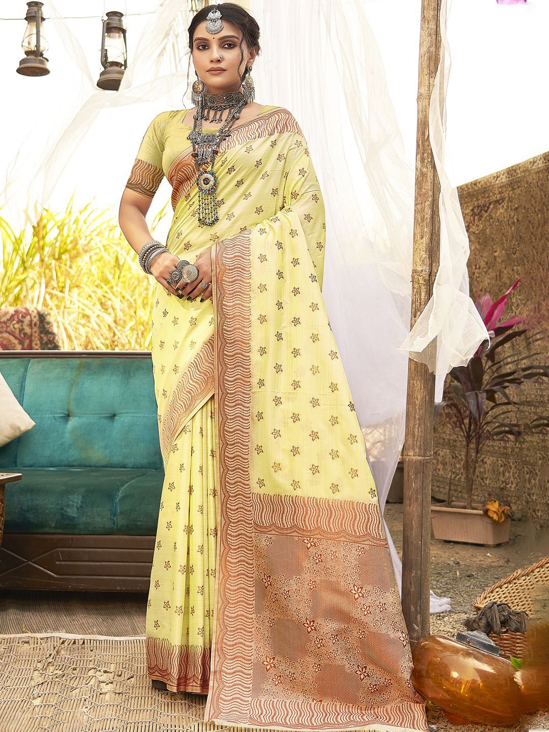 

SANGAM PRINTS Woven Design Zari Silk Blend Tussar Saree, Yellow