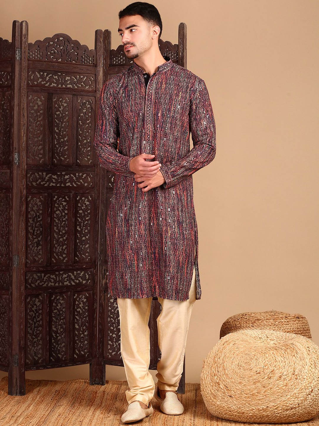 

House of Pataudi Chic Geometric Pattern Chikankari Kurta With Sequin, Orange