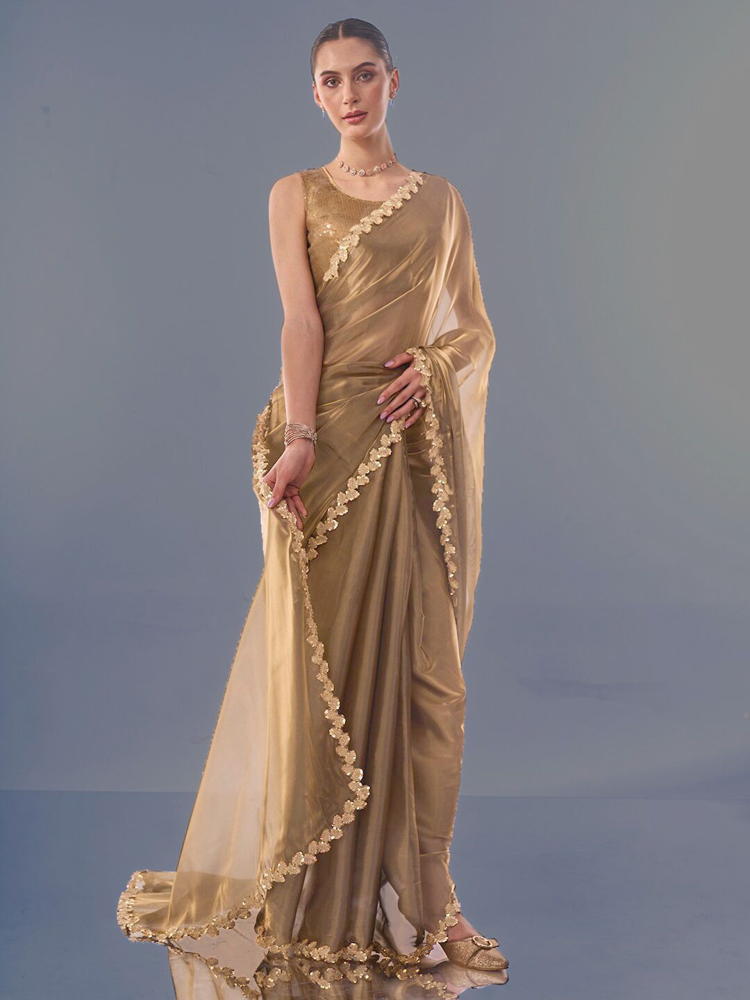 

ROOP SUNDARI SAREES Embellished Sequinned Organza Designer Saree, Brown