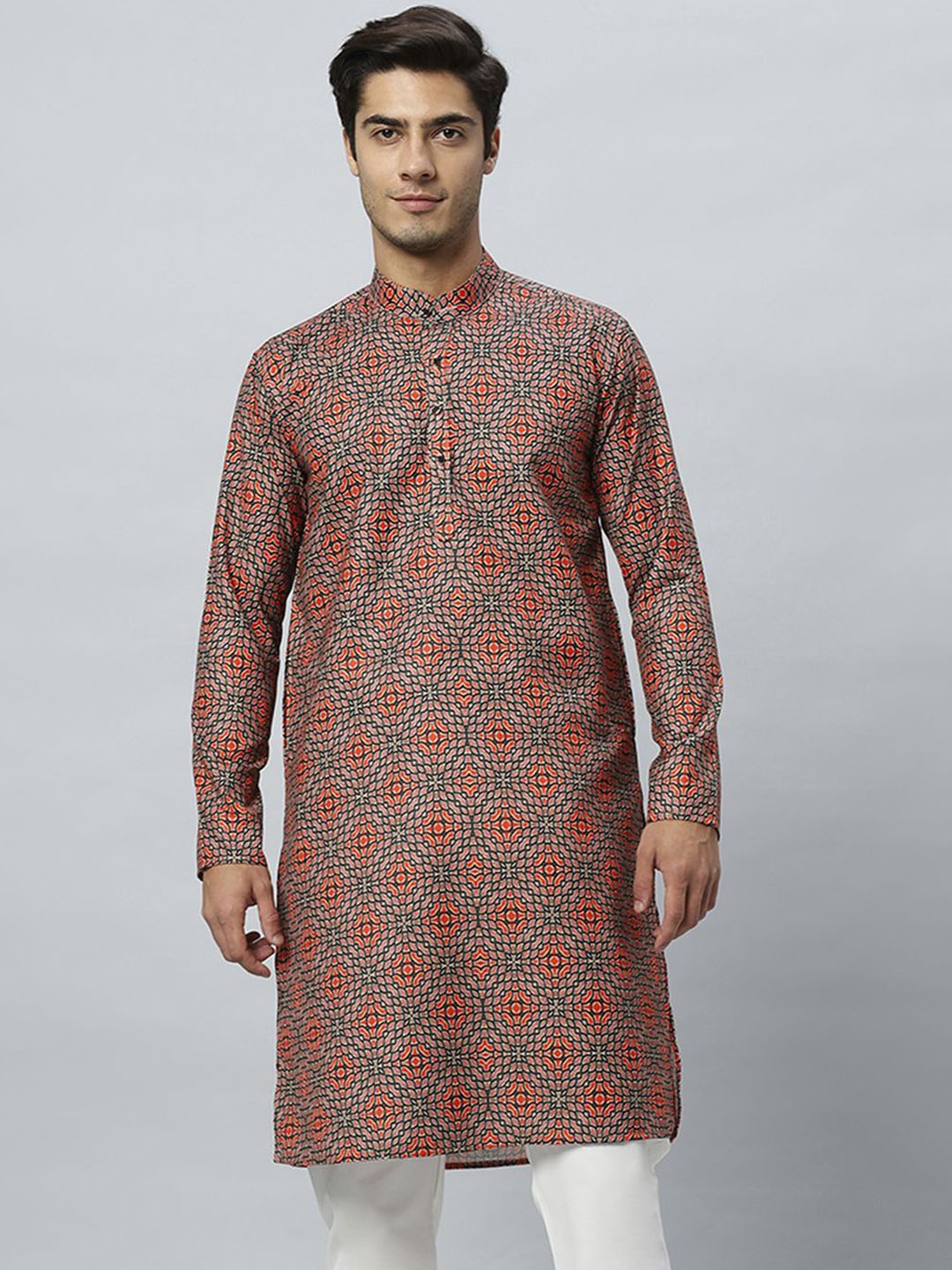 

GLOBALRANG Men Floral Printed Thread Work Kurta, Red