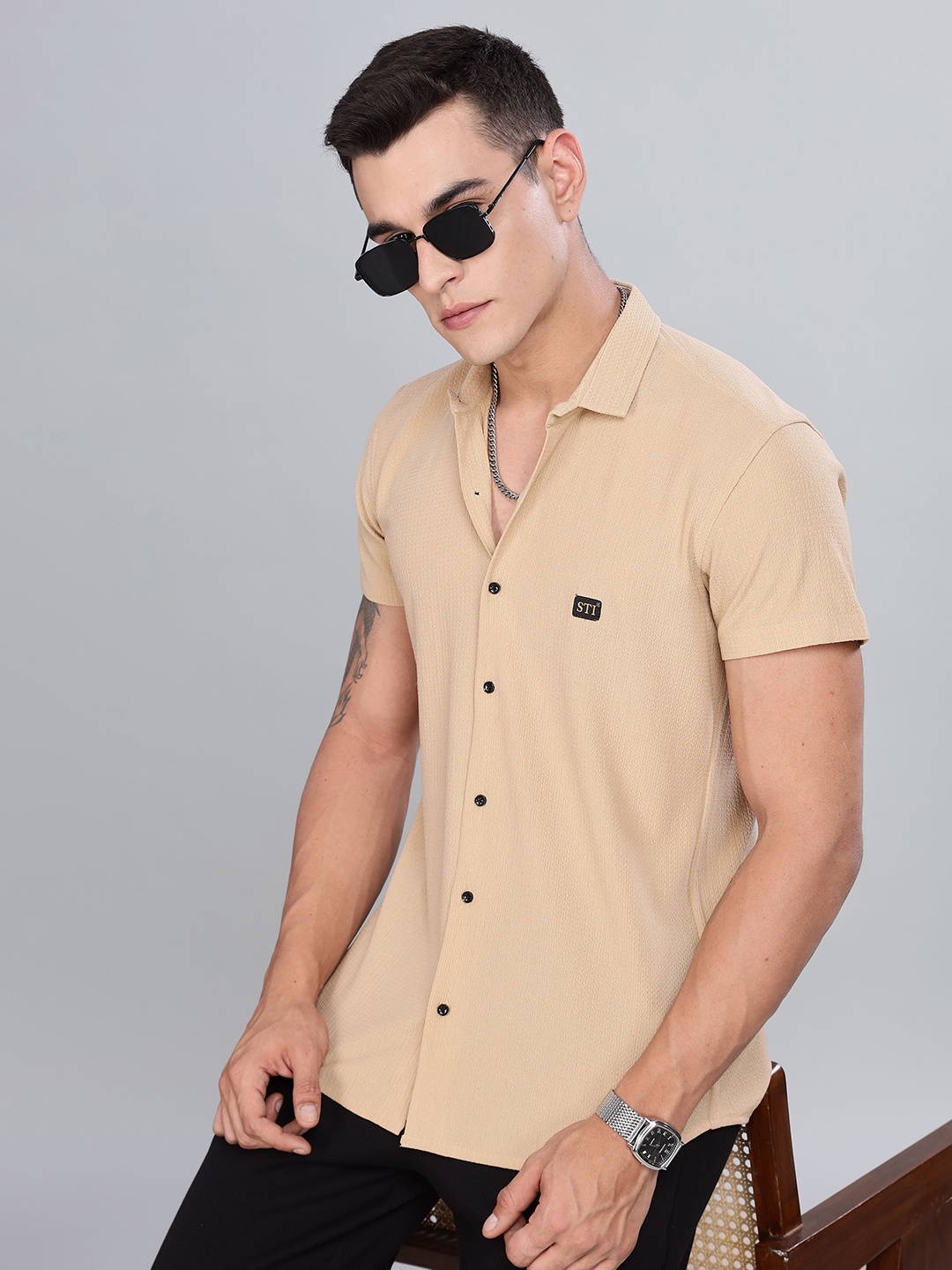 

STI Men Classic Opaque Party Shirt, Beige