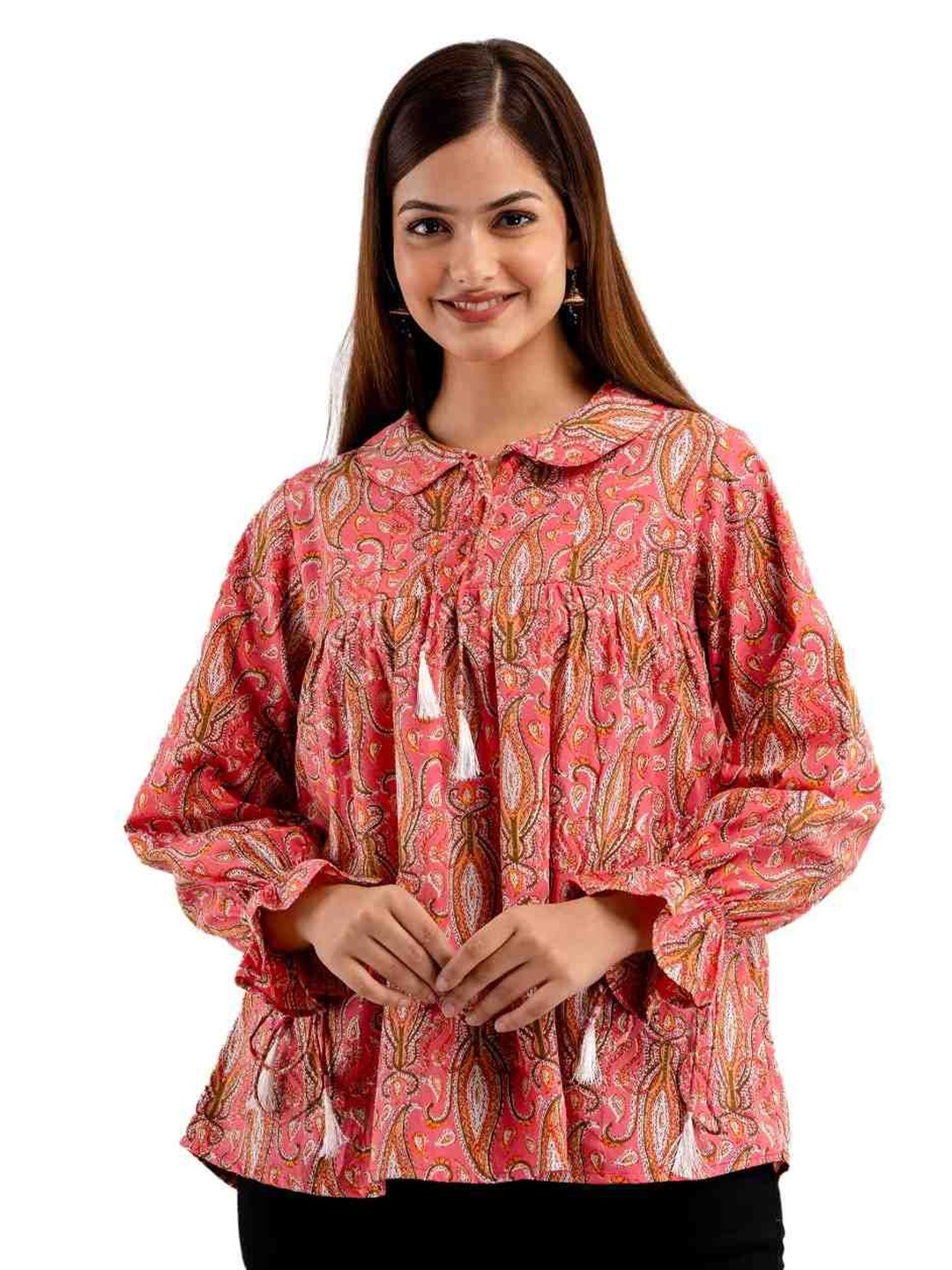 

DMP FASHION Print Tie-Up Neck Cotton Top, Rose