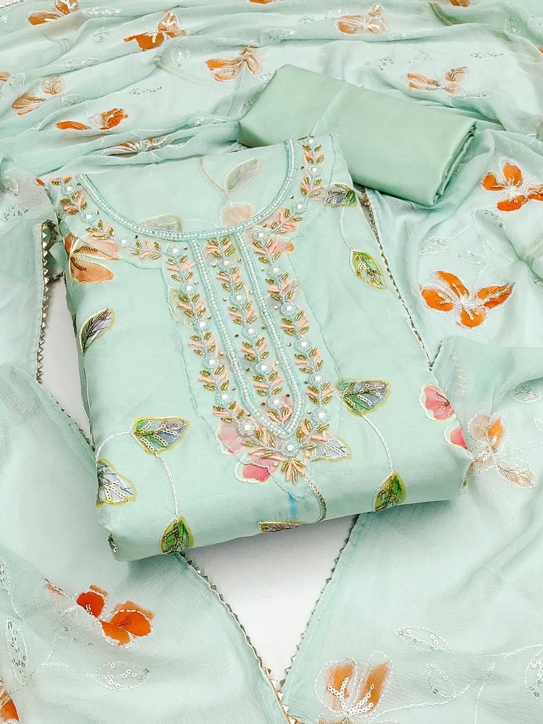 

SHADOW & SAINING Embroidered Organza Semi-Stitched Dress Material, Sea green