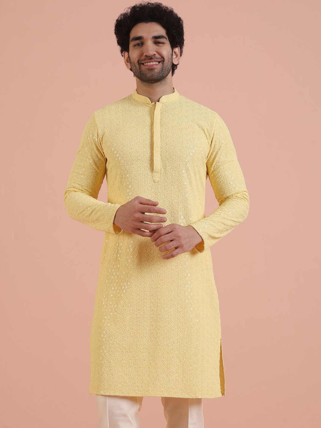 

KISAH Men Ethnic Motifs Embroidered Thread Work Kurta, Yellow