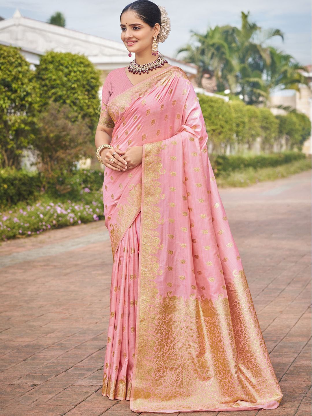 

SANGAM PRINTS Woven Design Zari Silk Blend Tussar Saree, Pink