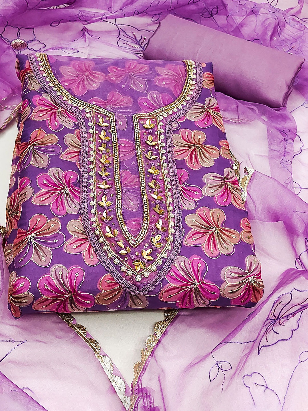 

SHADOW & SAINING Embroidered Organza Semi-Stitched Dress Material, Purple