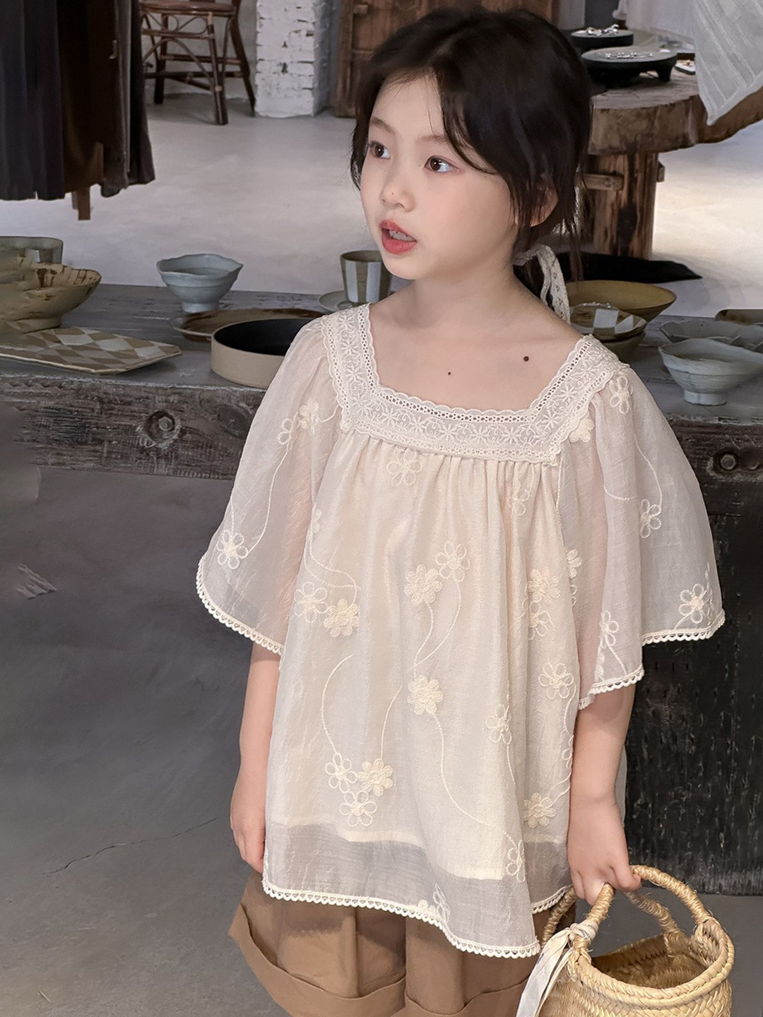 

LULU & SKY Floral Flared Sleeve Cotton Top, Beige